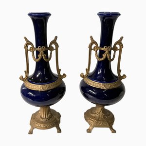 Antike französische kobaltblaue Porzellanvasen, 2 . Set