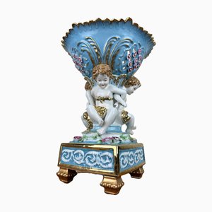 Large Antique Dresden Compote with Cherubs & Scalloped Floral Bowl by Karl Richard Klemm, 1890s-1910s