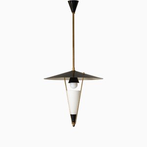 Lampada a sospensione vintage in ottone e smalto nero di Stilnovo, Italia, anni '50
