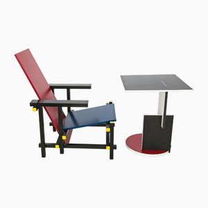 Sedia rossa blu e tavolo Schroeder di Gerrit Rietveld per Cassina, set di 2