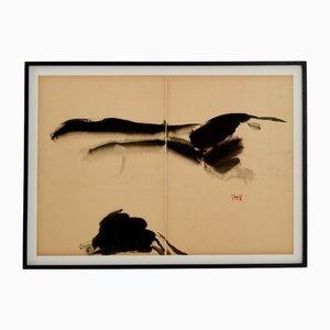 Tang Haywen, Diptych, Ink on Beige Paper, 1970
