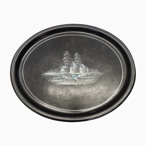 Vintage Black Oval Metal Tray, 1970s