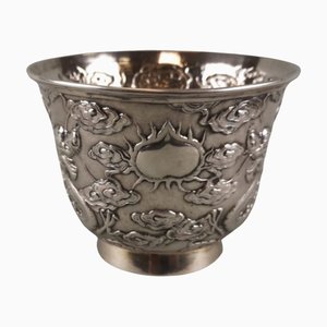 Antique 19th Century Chinese Export Silver Bowl Decorated with Dragons by Woshing, Shanghai