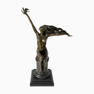 A. Gennarelli, Art Deco Sculpture of Woman with Dove, 1925, Bronze on Stone Base