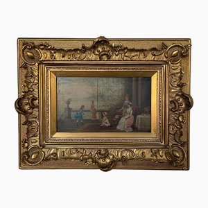 Scena di interni con bambini al balcone, Olio su tavola, XIX secolo, Con cornice