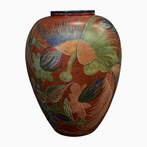 Vaso grande in terracotta, Messico, inizio XX secolo, dipinto con decorazione di uccelli