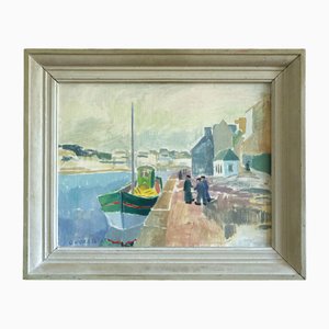 Quayside Conversation, Peinture à l'Huile, Encadrée