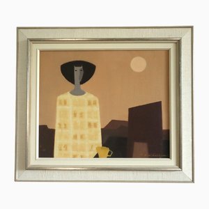 Alba lunare con coppa gialla, pittura a olio, con cornice