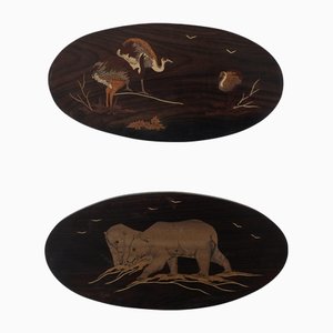 Placas de pared vintage de marquetería de madera, años 60. Juego de 2