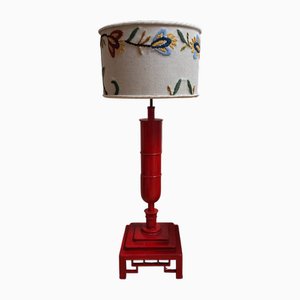 Large Vintage Japanese Table Lamp with Red Lacquered Spruce Wood Base and Handmade Wool Shade from Lamplove, 1950s