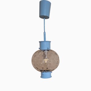 Lampada da soffitto vintage con montatura in metallo verniciato blu e paralume in vetro trasparente, anni '70