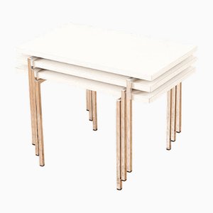 Tavolini ad incastro RH 117 con struttura quadrata in acciaio tubolare cromato e ripiano in legno con ripiano in resina e bordi di Robert Haussmann per Hans Kaufeld, 1956
