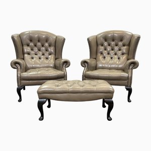 High-Backed Chesterfield Armchairs with Leather Ottoman, 1980s, Set of 3