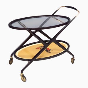 Vintage Ebonized Beech Serving Cart with Oriental Print attributed to Cesare Lacca, Italy