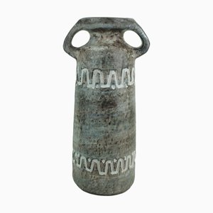Mid-Century Ceramic Vase Model V/32 with Relief Pattern Gray Brown and Blue from Heissner Keramik