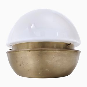 Lampada da tavolo Space Age postmoderna in ottone e vetro di Murano bianco, anni '80