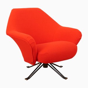 Swivel Armchair P32 with 4-Star Black Metal Frame, Upholstered Shell Covered in Red Fabric by Osvaldo Borsani for Tecno, 1956