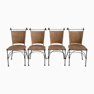 Sillas de comedor vintage de hierro forjado con asiento de mimbre, 1980. Juego de 4