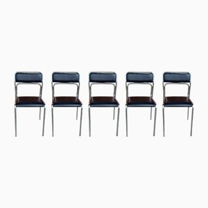 Sedie da pranzo Bauhaus in metallo cromato ed ecopelle, anni '80, set di 5