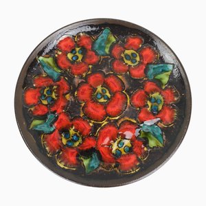 Large Vintage Fat Lava Wall Plate with Flower Decor Glaze from Ruscha