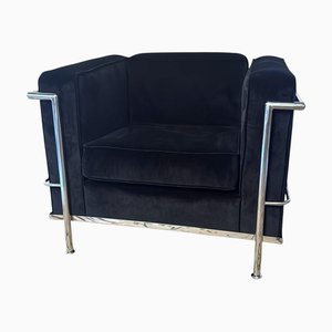 Italian Armchair in Black Velvet with Stainless Steel Frame in the style of Le Corbusier, 1970s