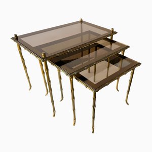 French Nesting Bamboo Gilt Bronze Tables from Maison Baguès, 1960s, Set of 3