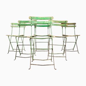 Sillas plegables de exterior francesas de listones en verde, años 50. Juego de 6