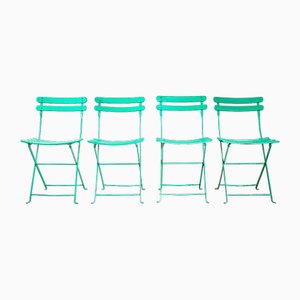 Sillas plegables de exterior francesas de listones en verde guisante, años 50. Juego de 4