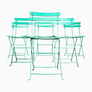 Sillas plegables de exterior francesas de listones en verde guisante, años 50. Juego de 6