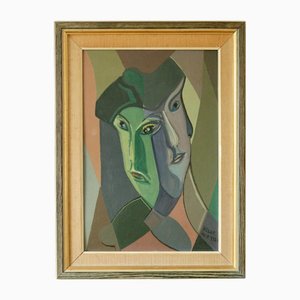 Helge Andersson, Two Faces, anni '60, Olio su tavola, con cornice