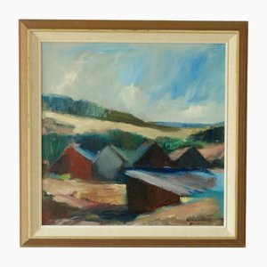 Valdemar Öberg, Landscape with Buildings, 1960s, Oil on Canvas, Framed
