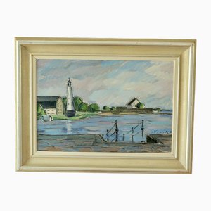 Ivar Franke, Lighthouse at the Water's Edge, 1960s, Oil on Canvas, Framed
