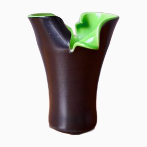 Mid-Century Modern Free-Form Green and Black Ceramic Vase by René Hénon for Kéramos Sèvres, France, 1950s