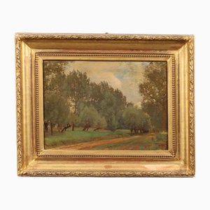 Artista della scuola francese, Paesaggio di campagna, Olio su tela