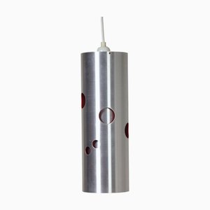 Cylinder Pendant Lamp with Aluminium with Red Perforations by Doria Leuchten, Germany, 1970s