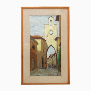 Umberto Lorini, Campanile in Borgo San Lorenzo, 1960, Dipinto ad olio, Con cornice