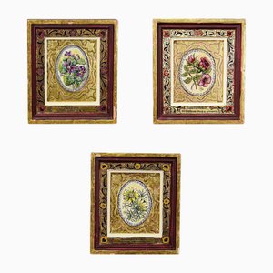 Vintage Emaille Gemälde mit Blumen, 1900, 3er Set