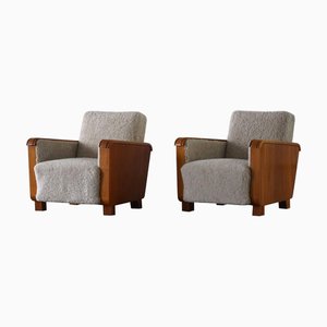Art Deco Swedish Lounge Chairs in Elm & Lambswool, 1930s, Set of 2