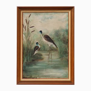 Artista francés, Pájaros en el agua, años 60, gran óleo sobre lienzo, enmarcado