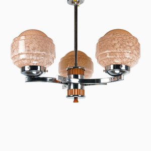 Art Deco 3-Arm Kronleuchter aus Bakelit, Chrom & Rosa Glas, 1930er