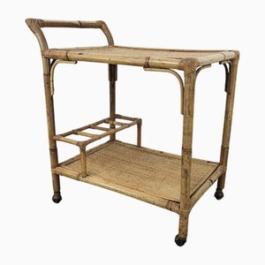 Vintage Wicker Cart with Bottle Holder and Wheels, 1970s