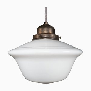 Lampada a sospensione School o Chapel in vetro opalino edoardiano, fine XIX secolo