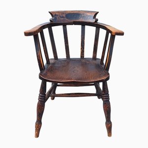 Antique English Captain's Chair in Grained Elm Wood, 1900s