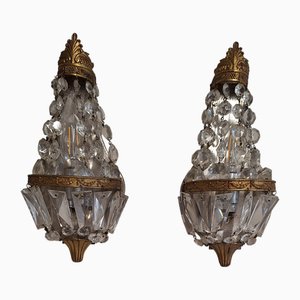 Mid-Century Brass Wall Lamps Crystal Glass Drops, 1950s, Set of 2
