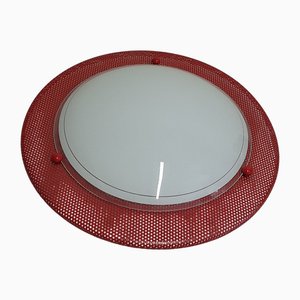 German Flat Red Lacquered Metal Ceiling Lamp with White Glass Shade from Guro, 1990s