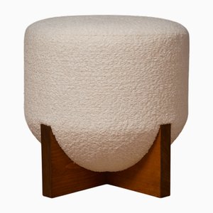 Panche e pouf Mid-Century in legno e bouclé bianco, anni '90