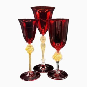Venetian Ruby ​​and Gilt Murano Glass Goblets, Set of 3