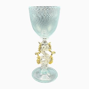 Calice in vetro di Murano soffiato a mano con decoro a reticello e decorazioni in oro