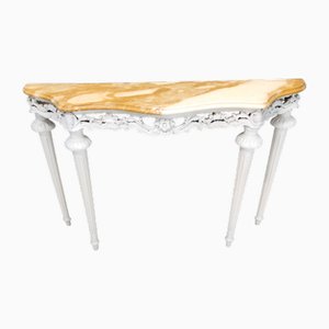 Console Vintage en Hêtre Laqué Blanc avec Plateau en Marbre Jaune