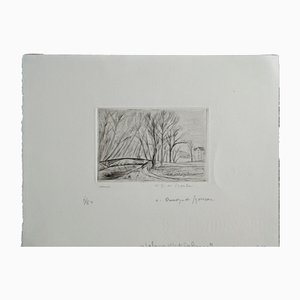 André Dunoyer De Segonzac, Paesaggio con ponte, case e alberi, anni '50, Acquaforte
